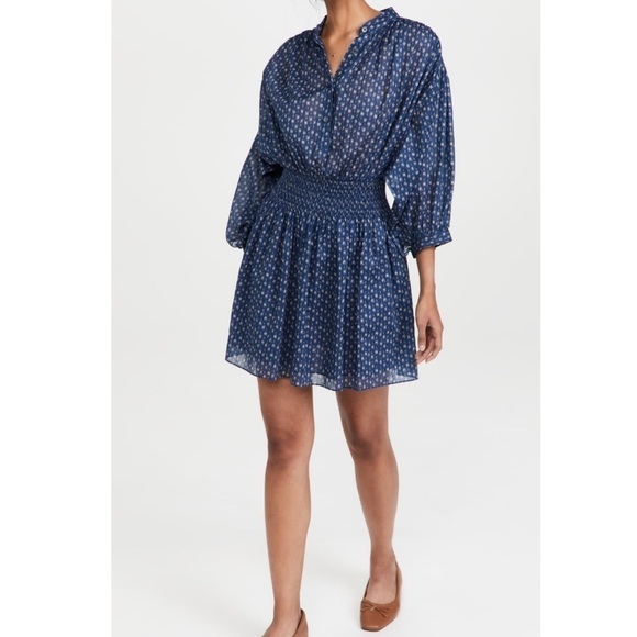 Rebecca Taylor Long Sleeve Ikat Shirtdress Indigo Blue Puff Sleeve Smocked Sz S - Picture 11 of 16
